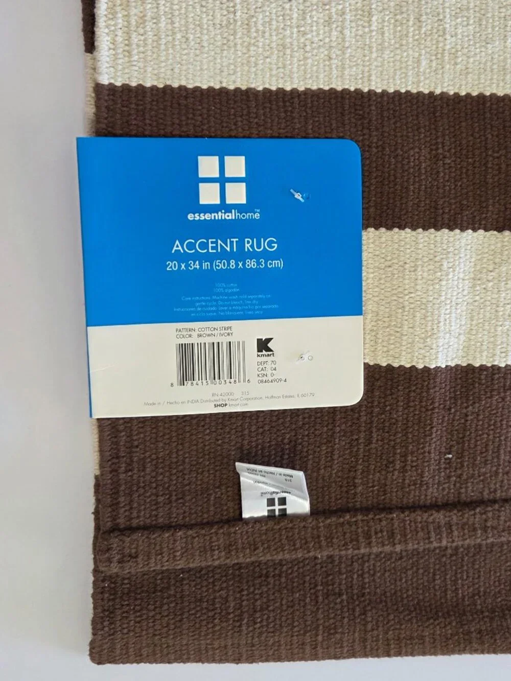 Essential Home Accent Rug – Brown/Ivory Cotton Stripe – 20 x 34 - NWT
